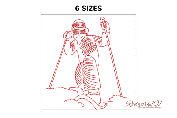 Man Skiing on the Hill of Snow Redwork: Design Review