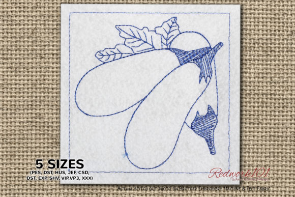 Three Eggplant with Leaves Redwork